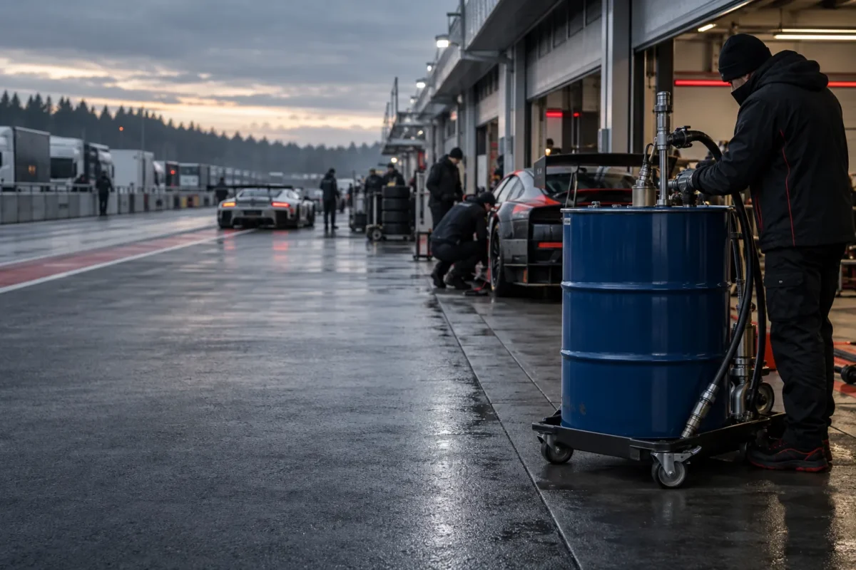 Illustration: a team member refuelling from a blue fuel drum in a wet pit lane at dusk