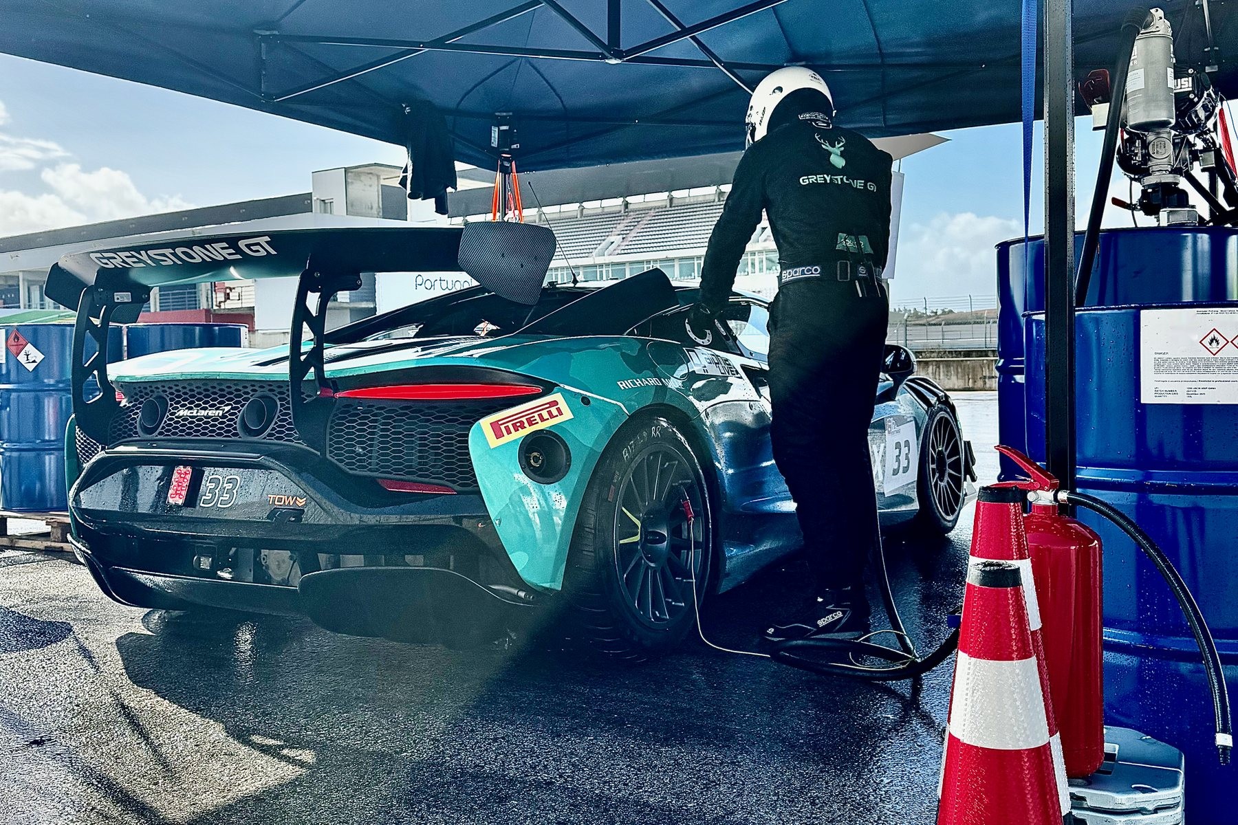 A GT car being refuelled under the VP awning